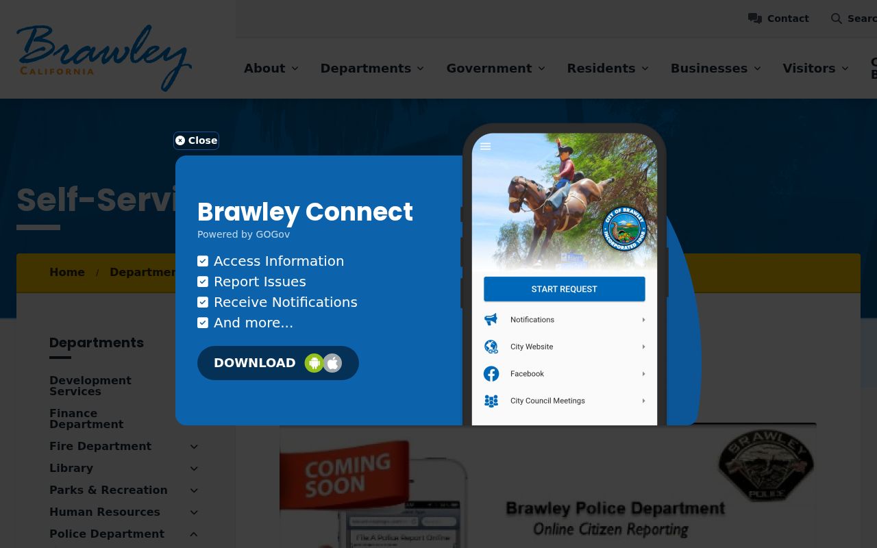 Brawley police self-service criminal record request page