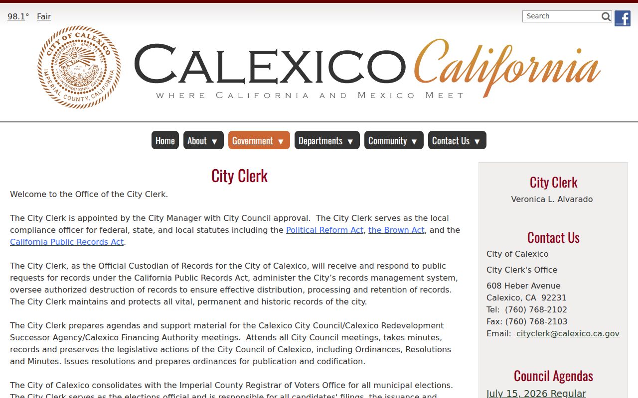 Calexico City Clerk public criminal records custodian source
