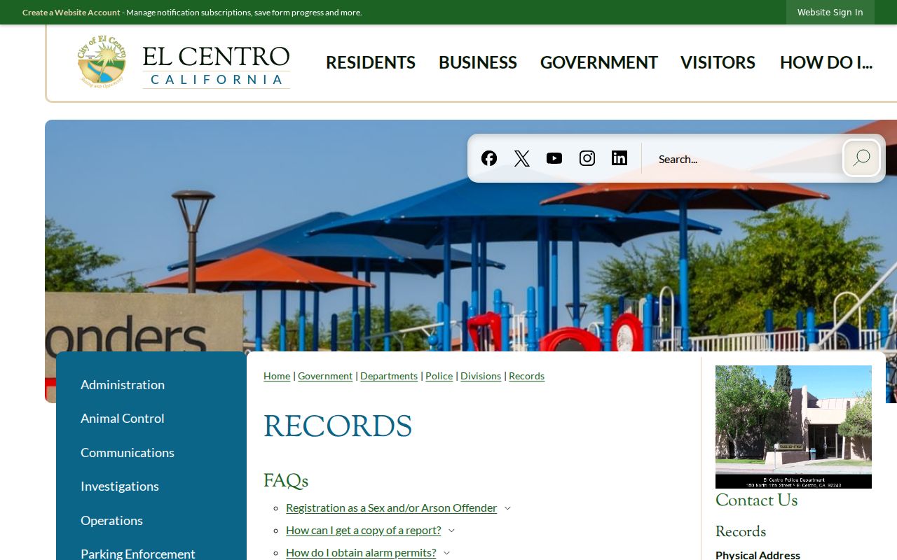 El Centro Police Records Division criminal record request source