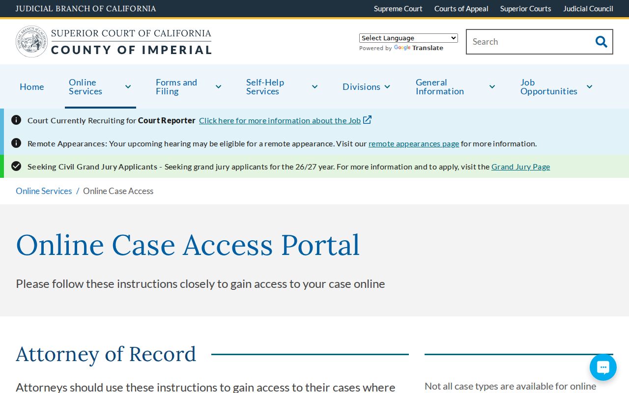 Imperial County criminal case online access instructions