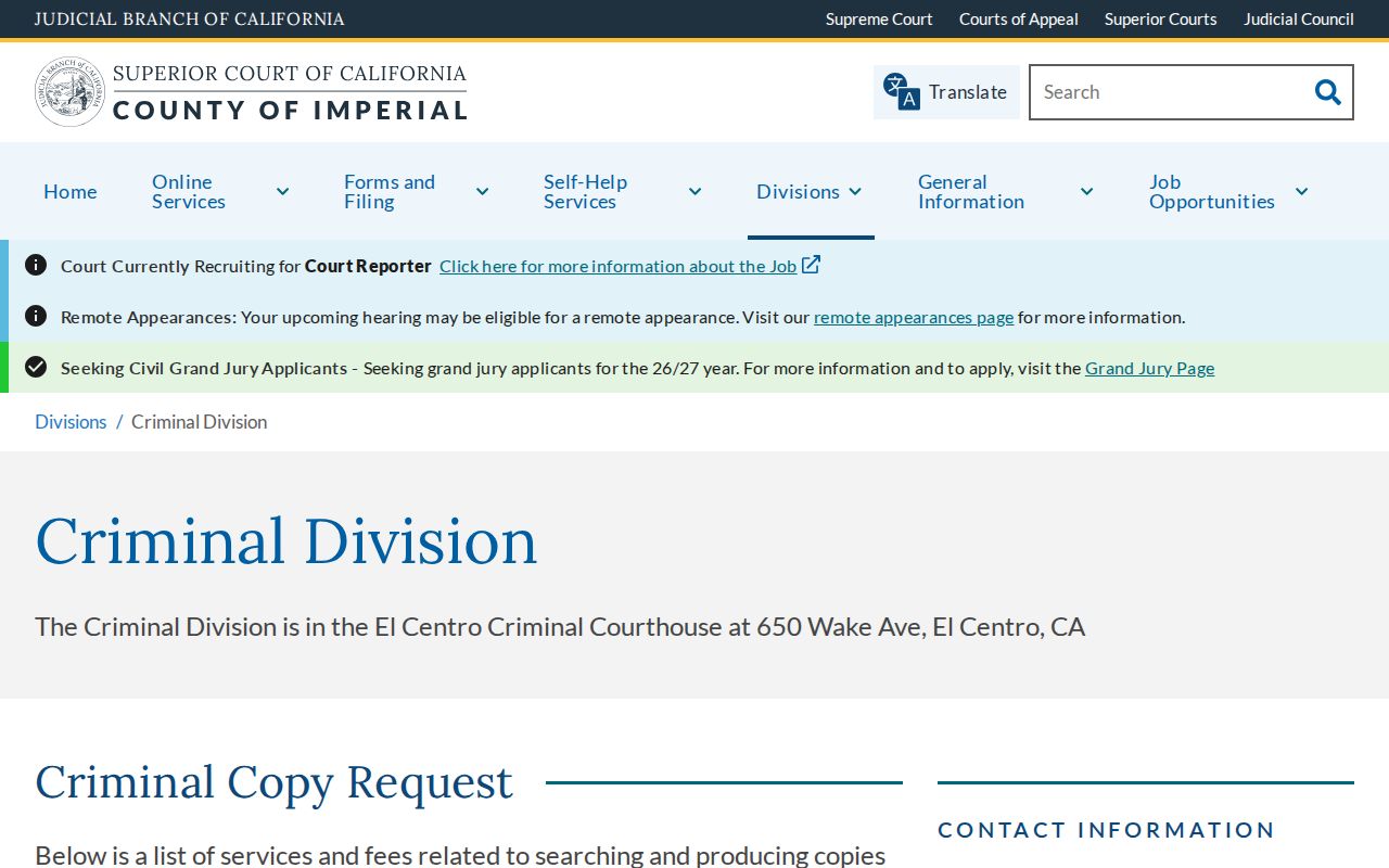 Imperial County criminal clerk fees and court records