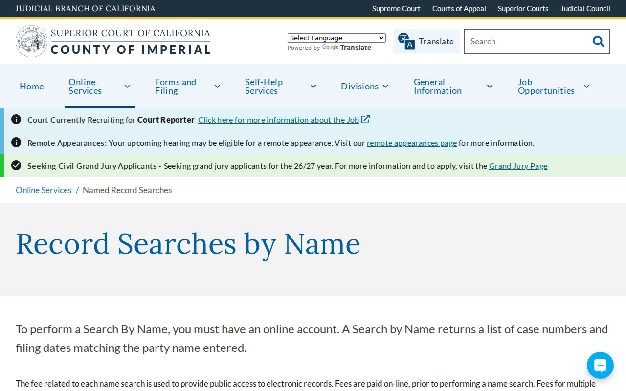 Imperial County criminal court named record search