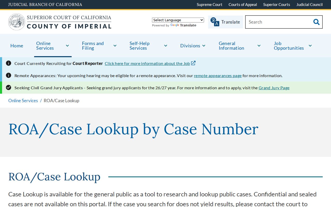 Imperial County criminal history ROA case lookup information