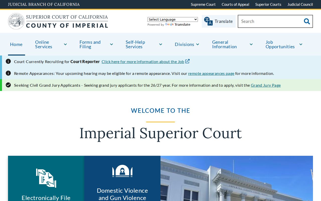 Imperial County criminal history at the Superior Court homepage